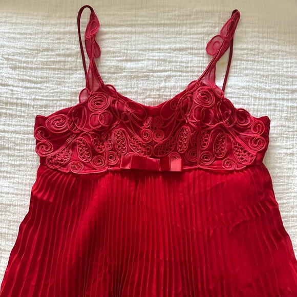 Rare Vintage Troika Red Soutache Ribbon Pleated Mini Dress - Large